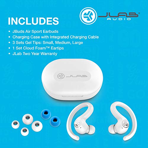 JLab JBuds Air Sport True Wireless Bluetooth Earbuds + Charging Case, White, IP66 Sweat Resistance, Class 1 Bluetooth 5.0 Connection, 3 EQ Sound Settings Signature, Balanced, Bass Boost (Renewed)