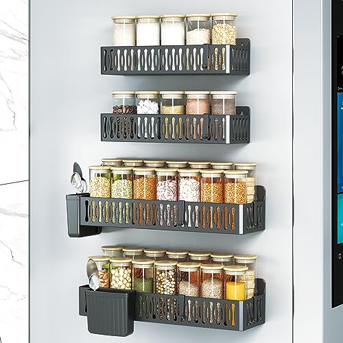 ENESNES Magnetic Spice Rack for Refrigerator, 4 Pack Magnetic Shelf for Fridge,Movable Spice Rack Organizer for Kitchen,Waterproof and Rustproof ABS Material (BLACK_4 PACK)