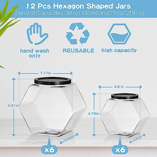 Dandat 12 Pcs Plastic Candy Jars Container with lids, Hexagon Shaped Jars 30oz and 73oz Clear Wide Mouth Candy Storage Jar for Cookies, Candy, Snacks, Paper Stars, Detergent Pods, Gifts and Storage