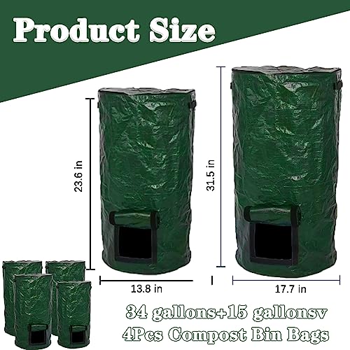 4 Pieces Garden Compost Bin Outdoor,Reusable Garden Yard Waste Bag Reusable Lawn Leaf Bags with Zipper Lid and Handles,Yard Waste Bag Container for Kitchen Waste（3×34Gallon +1×15Gallon ）
