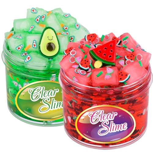 2 Pack Clear Slime Kit with Jelly Cubes, Watermelon Red Avocado Green Crystal Slime Set Crunchy Clear Slime for Kids Party Favors Holiday Christmas Toys for Girls Boys