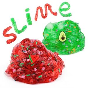 2 Pack Clear Slime Kit with Jelly Cubes, Watermelon Red Avocado Green Crystal Slime Set Crunchy Clear Slime for Kids Party Favors Holiday Christmas Toys for Girls Boys