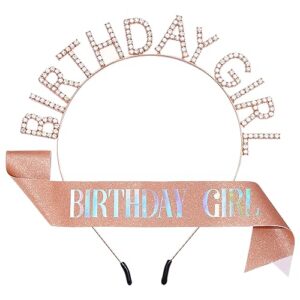 pistha birthday crowns for women, rose gold birthday girl sash & birthday tiara for women girls set, happy birthday girl headband sweet gifts for women, birthday party accessories