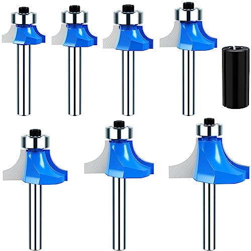 Helovmine 1/4 Inch Shank Roundover Router Bit Set, Corner Rounding Edge-Forming Bit Set-1/8", 5/32", 3/16", 1/4", 5/16", 3/8", 7/16" Radius Woodworking Milling Tools (7Pcs)