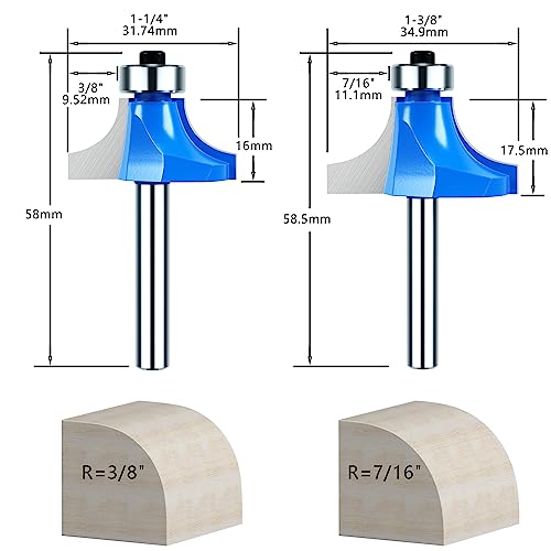 Helovmine 1/4 Inch Shank Roundover Router Bit Set, Corner Rounding Edge-Forming Bit Set-1/8", 5/32", 3/16", 1/4", 5/16", 3/8", 7/16" Radius Woodworking Milling Tools (7Pcs)