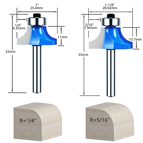 Helovmine 1/4 Inch Shank Roundover Router Bit Set, Corner Rounding Edge-Forming Bit Set-1/8", 5/32", 3/16", 1/4", 5/16", 3/8", 7/16" Radius Woodworking Milling Tools (7Pcs)