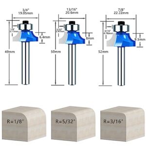 Helovmine 1/4 Inch Shank Roundover Router Bit Set, Corner Rounding Edge-Forming Bit Set-1/8", 5/32", 3/16", 1/4", 5/16", 3/8", 7/16" Radius Woodworking Milling Tools (7Pcs)