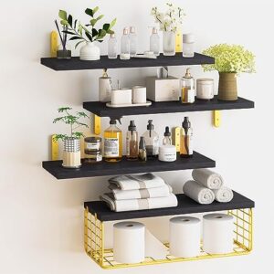 fixwal 4+1 tier floating shelves rustic wood wall mounted shelf, bathroom shelves over toilet with wire storage basket, farmhouse wall decor for bedroom, kitchen, living room and plants (black gold)