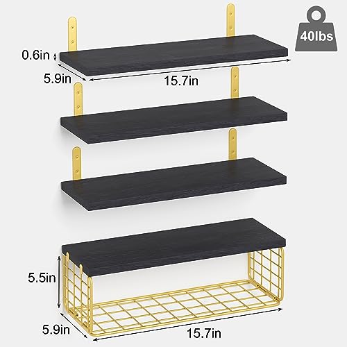 Fixwal 4+1 Tier Floating Shelves Rustic Wood Wall Mounted Shelf, Bathroom Shelves Over Toilet with Wire Storage Basket, Farmhouse Wall Decor for Bedroom, Kitchen, Living Room and Plants (Black Gold)