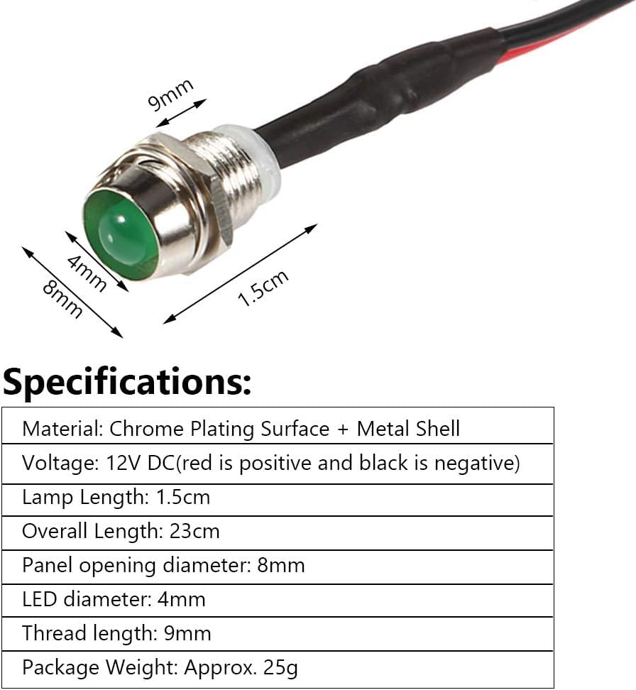 Haosie 4Pcs 12v Green LED Lights Indicator Lights, Flat Head Indicator Signal Lamp with 230mm Cable Length Metal LED Indicator Light for Car Trucks Boats(Green)