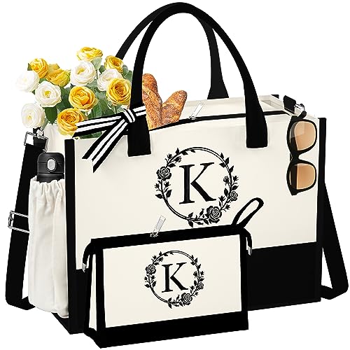 QLOVEA Thank You Gifts for Women, Birthday Gifts for Women, Personalized Monogrammed Canvas Travel Beach Tote Bag with Strap, Reusable Grocery Bags-Gifts for Wedding Bridemaids Friend Teacher Letter K