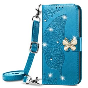 onv wallet case for oppo a53 2020-1.5m adjustable strap emboss butterfly flip phone case card slot magnet leather shell flip stand cover for oppo a53 2020 [zs] -blue