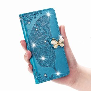 ONV Wallet Case for Oppo A53 2020-1.5M Adjustable Strap Emboss Butterfly Flip Phone Case Card Slot Magnet Leather Shell Flip Stand Cover for Oppo A53 2020 [ZS] -Blue