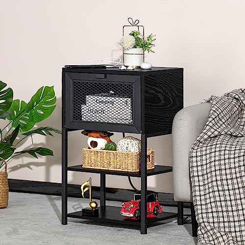 LEBOAHOUS Black Nightstands Set of 2 with Charging Station and USB Port, 3 Tier Industrial Night Stand, Bedside Table with Flip Storage Drawer and Open Shelf, End Side Table for Bedroom, Office, Dorm