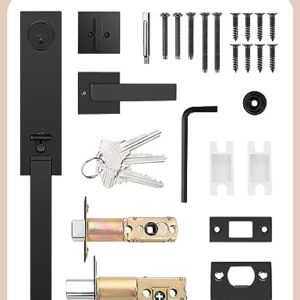 Tinewa Full Escutcheon HandleSet Front Door Entry Handle and Deadbolt Lock Set Slim Square Single Cylinder Deadbolt and Lever Heavy Duty – Matte Black Finish