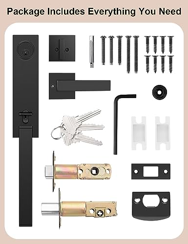 Tinewa Full Escutcheon HandleSet Front Door Entry Handle and Deadbolt Lock Set Slim Square Single Cylinder Deadbolt and Lever Heavy Duty – Matte Black Finish