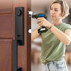 Tinewa Full Escutcheon HandleSet Front Door Entry Handle and Deadbolt Lock Set Slim Square Single Cylinder Deadbolt and Lever Heavy Duty – Matte Black Finish