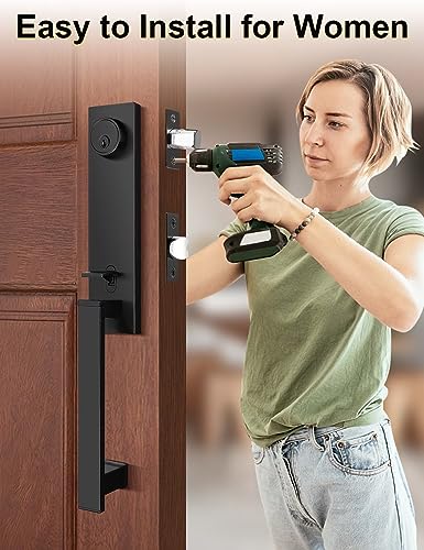 Tinewa Full Escutcheon HandleSet Front Door Entry Handle and Deadbolt Lock Set Slim Square Single Cylinder Deadbolt and Lever Heavy Duty – Matte Black Finish