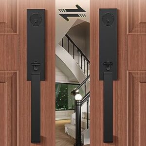 Tinewa Full Escutcheon HandleSet Front Door Entry Handle and Deadbolt Lock Set Slim Square Single Cylinder Deadbolt and Lever Heavy Duty – Matte Black Finish