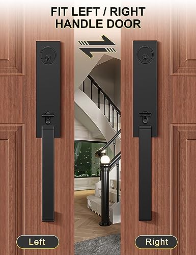 Tinewa Full Escutcheon HandleSet Front Door Entry Handle and Deadbolt Lock Set Slim Square Single Cylinder Deadbolt and Lever Heavy Duty – Matte Black Finish