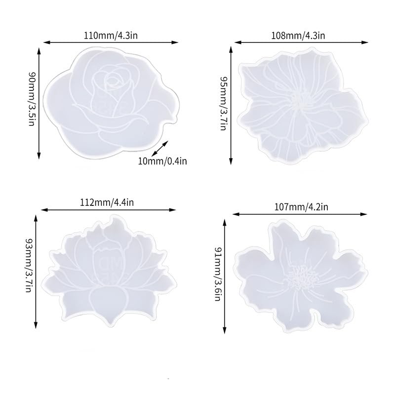 Yalulu 4Pcs Flower Shape Resin Coaster Molds, Crystal Coaster Silicone Molds, Coaster Silicone Molds for Resin Casting, Plate Tray Epoxy Mold