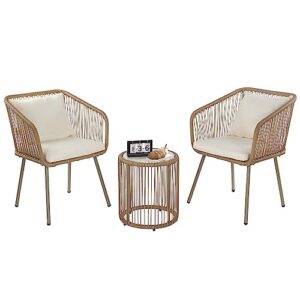 3-piece outdoor pe rattan bistro furniture set patio rattan conversation set patio furniture set glass coffee table top and 2 chairs with cushions lumbar pillows for yard garden porch bistro, white