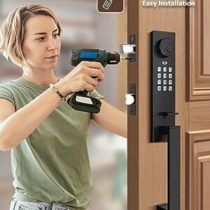 Tinewa Smart Entry Door Lock Set, Electronic Full Escutcheon Door Handle, Digital Keypad Deadbolt with App, Heavy Duty Black Front Door Handle with Single Cylinder Deadbolt, Auto Locking