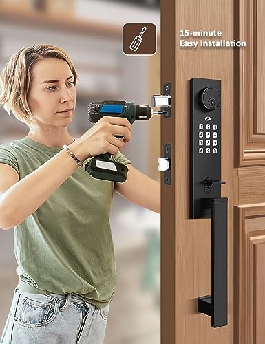 Tinewa Smart Entry Door Lock Set, Electronic Full Escutcheon Door Handle, Digital Keypad Deadbolt with App, Heavy Duty Black Front Door Handle with Single Cylinder Deadbolt, Auto Locking