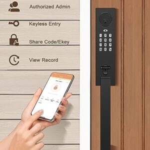 Tinewa Smart Entry Door Lock Set, Electronic Full Escutcheon Door Handle, Digital Keypad Deadbolt with App, Heavy Duty Black Front Door Handle with Single Cylinder Deadbolt, Auto Locking