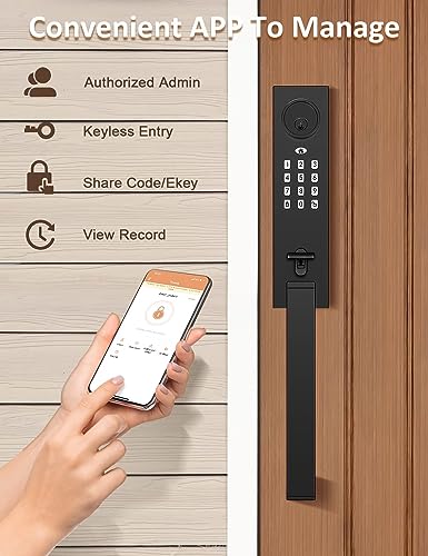 Tinewa Smart Entry Door Lock Set, Electronic Full Escutcheon Door Handle, Digital Keypad Deadbolt with App, Heavy Duty Black Front Door Handle with Single Cylinder Deadbolt, Auto Locking