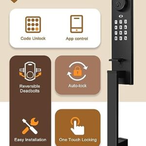 Tinewa Smart Entry Door Lock Set, Electronic Full Escutcheon Door Handle, Digital Keypad Deadbolt with App, Heavy Duty Black Front Door Handle with Single Cylinder Deadbolt, Auto Locking