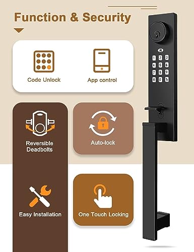 Tinewa Smart Entry Door Lock Set, Electronic Full Escutcheon Door Handle, Digital Keypad Deadbolt with App, Heavy Duty Black Front Door Handle with Single Cylinder Deadbolt, Auto Locking