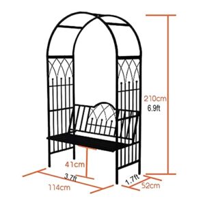 Outdoor Garden Archway with Bench Seat Metal Garden Arbor Trellis Garden Rose Arch 6.9ft x 3.7ft MetalGrape Rose Vines and Indoor Party Decoration (Black 114x210cm/3.7ftx6.9ft)