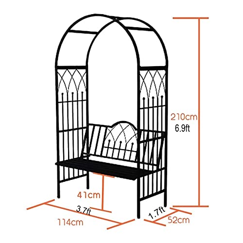 Outdoor Garden Archway with Bench Seat Metal Garden Arbor Trellis Garden Rose Arch 6.9ft x 3.7ft MetalGrape Rose Vines and Indoor Party Decoration (Black 114x210cm/3.7ftx6.9ft)