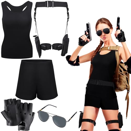 Shinymoon 5 Pcs Halloween Thigh Holsters Costume Set Leg Gun Holster for Women Crop Tank Tops Hiking Shorts Sunglasses Fingerless Motorcycle Hand Gloves for Women