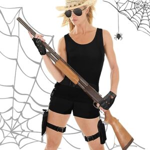 Shinymoon 5 Pcs Halloween Thigh Holsters Costume Set Leg Gun Holster for Women Crop Tank Tops Hiking Shorts Sunglasses Fingerless Motorcycle Hand Gloves for Women