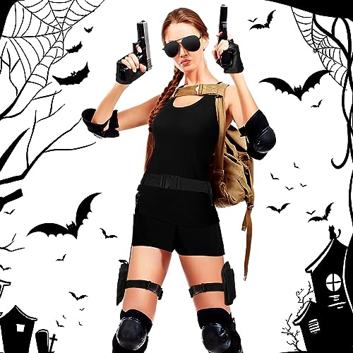 Shinymoon 5 Pcs Halloween Thigh Holsters Costume Set Leg Gun Holster for Women Crop Tank Tops Hiking Shorts Sunglasses Fingerless Motorcycle Hand Gloves for Women