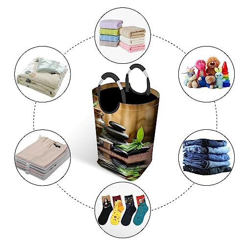 IBILIU Laundry Basket 50L Zen Basalt Stones And Spa Oil On The Wood Collapsible Laundry Hamper With Handle,Canvas Dirty Clothes Hamper For Laundry,Bathroom,Bedroom