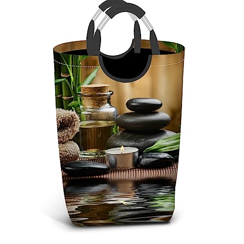 IBILIU Laundry Basket 50L Zen Basalt Stones And Spa Oil On The Wood Collapsible Laundry Hamper With Handle,Canvas Dirty Clothes Hamper For Laundry,Bathroom,Bedroom