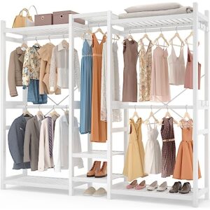 hoiplu bamboo closet system clothing rack for hanging clothes, large garment rack with shelves and 5 rods, 70”w x 77”h heavy duty freestanding clothes rack organizer for wall-in closet bedroom, white
