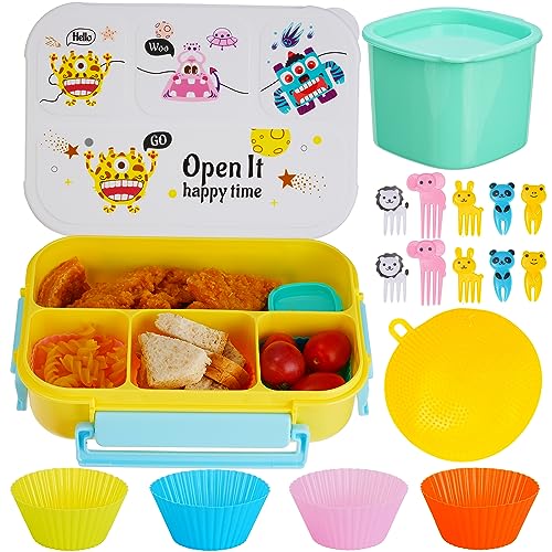 Bento Box, Lunch Box Kids, Cute Bento Box, Adult Lunch Box, 1300ML Lunch Box Adult with 4 Compartment, Lunch Box Containers for Students/Adults/Kids/Toddler, Microwave/Dishwasher/Freezer Safe (Yellow)