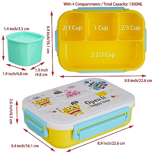 Bento Box, Lunch Box Kids, Cute Bento Box, Adult Lunch Box, 1300ML Lunch Box Adult with 4 Compartment, Lunch Box Containers for Students/Adults/Kids/Toddler, Microwave/Dishwasher/Freezer Safe (Yellow)