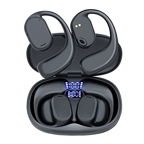 Wireless Headphones Open Ear Bluetooth Earbuds with Mic for Android & iPhone, Waterproof Sports Earphones with Earhooks LED Power Display HiFi Stereo Sound Ear Buds for Gym Workouts, Running, Cycling