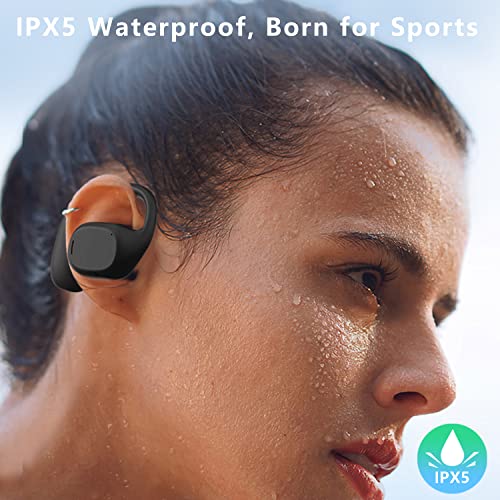 Wireless Headphones Open Ear Bluetooth Earbuds with Mic for Android & iPhone, Waterproof Sports Earphones with Earhooks LED Power Display HiFi Stereo Sound Ear Buds for Gym Workouts, Running, Cycling