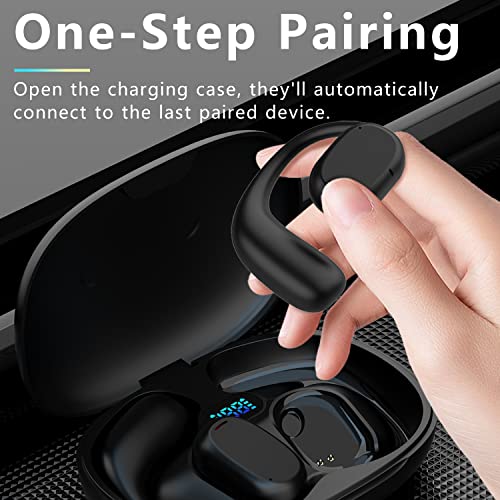 Wireless Headphones Open Ear Bluetooth Earbuds with Mic for Android & iPhone, Waterproof Sports Earphones with Earhooks LED Power Display HiFi Stereo Sound Ear Buds for Gym Workouts, Running, Cycling