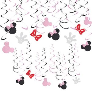 30ct minnie hanging swirls happy birthday decorations, pink mini mouse theme party decorations, minnie streamers for ceiling mouse cartoon party supplies pink glitter party decor girls baby shower