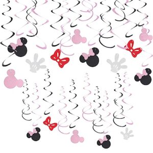 30CT Minnie Hanging Swirls Happy Birthday Decorations, Pink Mini Mouse Theme Party Decorations, Minnie Streamers for Ceiling Mouse Cartoon Party Supplies Pink Glitter Party Decor Girls Baby Shower