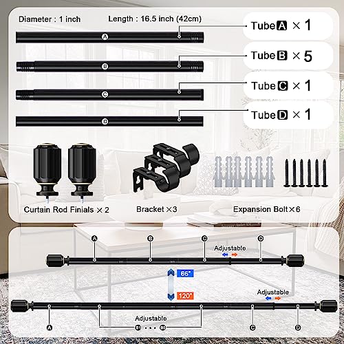 Box Space Curtain Rods for Windows 66 to 120 inch -1 inch Diameter Black Curtain Rods Adjustable Decorative Heavy Duty Long Curtain Rod for Living Room Bathroom Bedroom Outdoor Patio