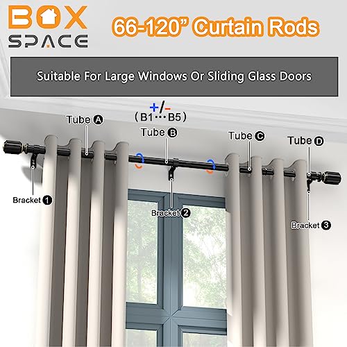 Box Space Curtain Rods for Windows 66 to 120 inch -1 inch Diameter Black Curtain Rods Adjustable Decorative Heavy Duty Long Curtain Rod for Living Room Bathroom Bedroom Outdoor Patio