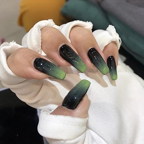 BABALAL Coffin Press on Nails Long Fake Nails Green Black Glue on Nails 24Pcs Ombre Ballerina Acrylic Nails for Women and Girls